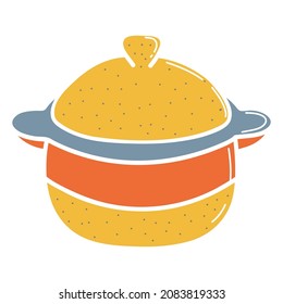 Ceramic saucepan. A pot with a lid or a sugar bowl, a faience dish, handmade clay dishes. Hand drawn vector illustration. Isolated element on a white background.