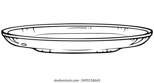 Ceramic saucer. Empty plate. Vector illustrations in hand drawn sketch style isolated on white. Black outline graphic for print, coloring book