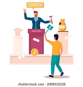 Ceramic and sculpture art auction, flat vector illustration. Male characters auctioneer holding gavel and bidder offering prices with bid puddle in raised hand. Auction business, market trade.