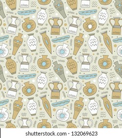 Ceramic seamless pattern. Ethnic national Greek style background. China. Endless texture with drawn classical tableware. Antique template for design and decoration