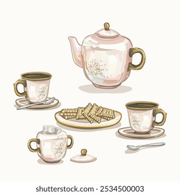 café cerâmico conjunto em duas xícaras tarde chá britânico time party com biscoitos cerâmica clássica tabeware container ilustração sobre fundo branco