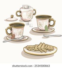 café cerâmico conjunto em duas xícaras tarde chá britânico festa do tempo com biscoitos cerâmica clássica recipiente de mesa ilustração no fundo branco