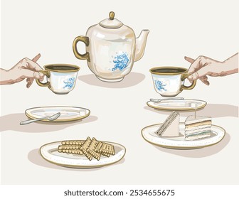 ceramic set coffee in two cups hands  pinky finger up afternoon british tea time party  with biscuits classical pottery tableware container illustration on white background