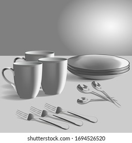 ceramic set of plates and cups steel teaspoons and falks, vector illustration