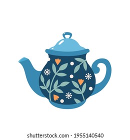 Ceramic shiny teapot with a pattern. Vector illustration of a blue teapot. Teapot with a pattern of leaves and flowers.