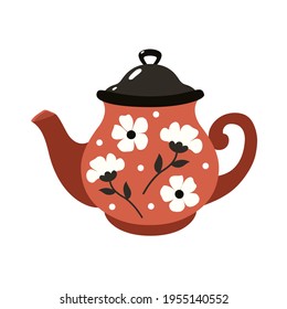 Ceramic shiny teapot with a pattern. Vector illustration of a brown, terracotta teapot. Teapot with a pattern of flowers.