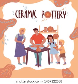 Сoncept of ceramic shop or store with ceramists at work teaches children flat vector illustration isolated on white background. Advertising banner for stone crockery street market or craft fair.