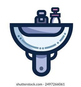 Ceramic sink with faucet and hand soap bottle colorful icon illustration isolated on square white background. Simple flat outlined cartoon art styled drawing. Bathroom or kitchen interior object.