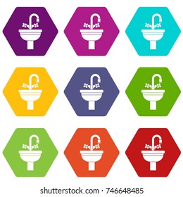 Ceramic sink icon set many color hexahedron isolated on white vector illustration