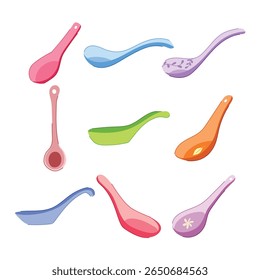 Juego de cucharas de sopa de cerámica de dibujos animados. vajilla de porcelana, elegante brillante, suave mango de cerámica sopa cuchara signo. símbolo aislado Ilustración vectorial