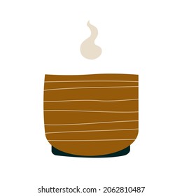 Ceramic striped mug with a hot drink. A porcelain cup with tea or coffee with smoke or steam. Vector illustration in a flat cartoon hand-drawn style. Isolated on a white background