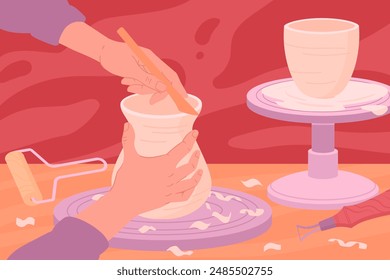 Ceramic studio potter hands. Potter modeling ceramic, person work with potter's wheel flat vector illustration. Handmade and hand crafting crockery