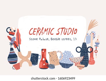 Ceramic studio products hand drawn vector banner template. Porcelain home decor accessories. Modern handcrafted pottery drawing with handwritten text. Handmade vases, crockery and candlesticks.