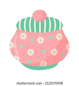 Ceramic sugar bowl with flower pattern. Decorative kitchen tool, household utensil. Vector illustration. 
