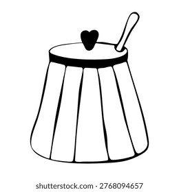 Ceramic sugar bowl hand painted doodle graphic illustration. Engraving drawing of whimsical home decor. Cozy porcelain serving kitchen utensil sketch for stickers, icon, coloring page, icon