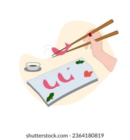 Ceramic sushi tray with shrimps, chopsticks, soy sauce, wasabi ginger. Stone plate vector illustration for cover, menu, postcards, corporate merchandise, banner, website and social media.
