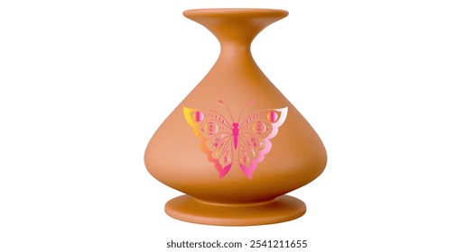 Ceramic Table Vase Ornate With Butterfly Element Vector Illustration.