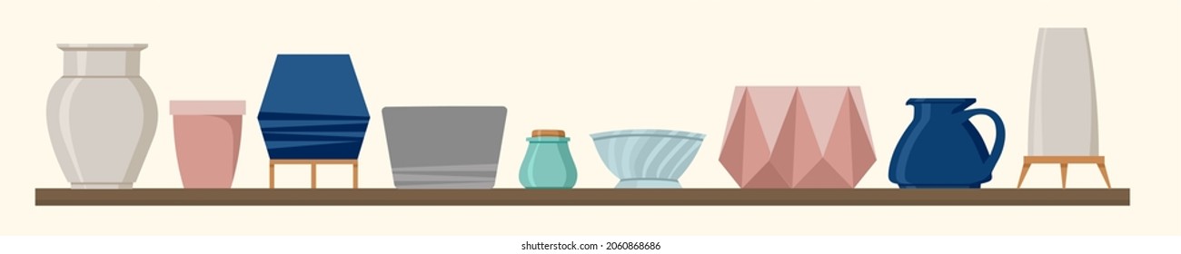 Ceramic tableware on the shelf set.