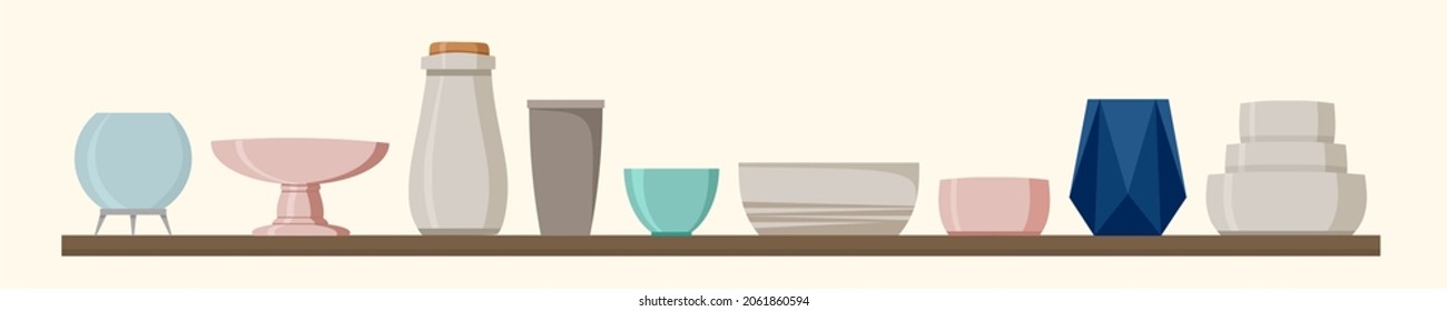 Ceramic tableware on the shelf set.