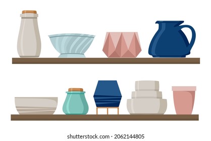 Ceramic tableware on the shelf set. Vector illustration