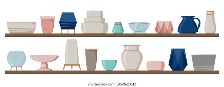 Ceramic tableware on the shelf set.