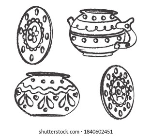 Ceramic tableware on a white background. Sketch. Vector illustration.