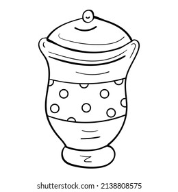Ceramic tableware with polka dot sticker. Black and white illustration