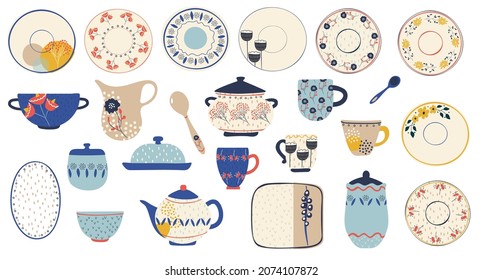 Ceramic tableware, Scandinavian style. Kitchen utensils and utensils on a white background. Vector.