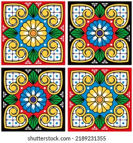 Ceramic Talavera Tile Vector Seamless Pattern With Flowers And Leaves, Repetitive Design Styled As Mexican Ornamental Tiles. Traditional Mexican Decor Background Perfect For Wallpaper, Textiles