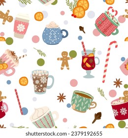 Ceramic tea and coffee mugs Seamless pattern. Vector background of scandinavian kitchen crockery with ceramic and porcelain teacups. Color pottery cups with snowflakes, marshmallow, cookies