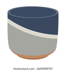 Ceramic tea cup with abstract blue and grey color design isolated on white background