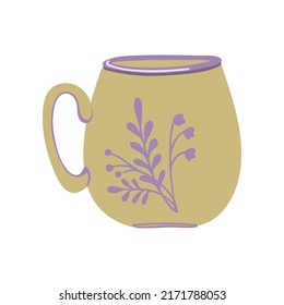 Ceramic tea cup. Coffee cup with herbal ornament. Funny drink crockery. Handmade tableware. Vector illustration isolated on white background.