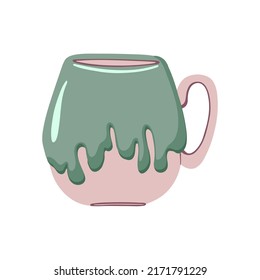 Ceramic tea cup. Coffee mug with glaze. Cute drink crockery. Handmade tableware. Vector illustration isolated on white background.