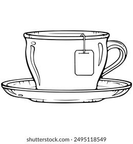 Ceramic tea cup and saucer. Hot drink. Vector illustrations in hand drawn sketch style isolated on white. Black outline graphic for print, coloring book