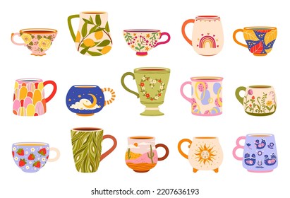 Té de cerámica y tazas de café, vectores de vectores, vajilla de cocina con elementos florales escandinavos. tazas de té y tazas de café con adornos de colores y hojas florales, teacups y tazas de porcelana