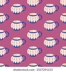 Ceramic tea cups and coffee mugs seamless pattern in flat style. Kitchen crockery with ceramic and porcelain teacup for textile, wrapping paper.