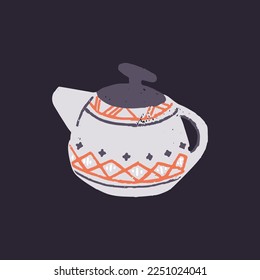 Ceramic tea pot in country style. Handmade ceramics, pottery, kitchenware with rustic ornament. Edgy trendy teapot, kettle decorated, painted with enamel. Isolated flat vector illustration