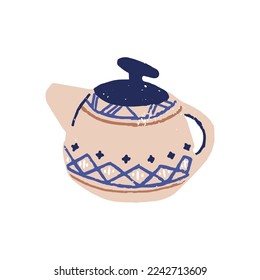 Ceramic tea pot design. Handmade ceramics, pottery. Hand-made teapot, kettle decorated with enamel and painted with pattern in rustic style. Flat vector illustration isolated on white background