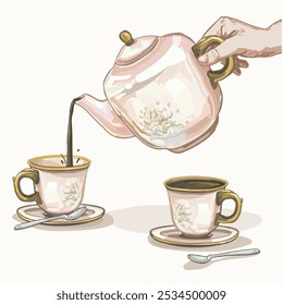 ceramic tea pot hand pouring coffee in two cupps tea time party classical vessel pottery tabeware container illustration on white background