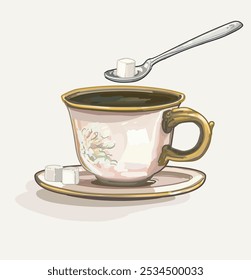 ceramic tea time coffee cup with spoon and sugar british classical pottery tabeware illustration on white background