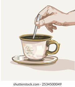 xícara de café com colher de chá e açúcar ilustração clássica britânica de talheres de mesa de cerâmica no fundo branco