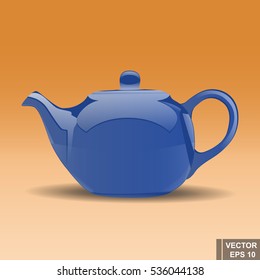 Ceramic teapot blue. Isolated on an orange background. Realistic.