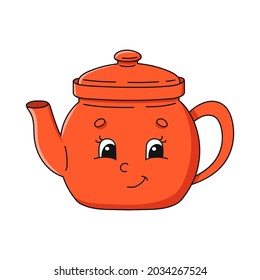 Ceramic teapot. Cartoon character. Colorful vector illustration. Isolated on white background. Design element. Template for your design, books, stickers, cards.