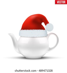 Ceramic teapot with Christmas hat of Santa Claus. Vector illustration Isolated on white background.