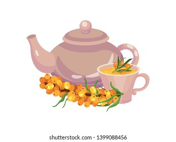 Ceramic teapot with a cup. Branch buckthorn close. Vector illustration on white background.