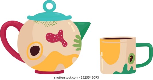 Tetera y taza de cerámica. Icono de cerámica de color divertido