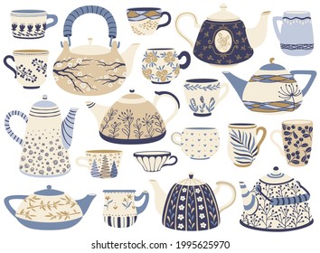 Ceramic teapot and cup. Porcelain tea kettles, coffee mugs with decorative elements. Hand drawn ornamented teapots and cups vector set. Floral kitchenware or dishware with decorative elements