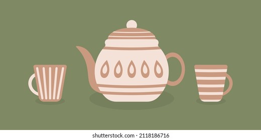 Ceramic teapot and cup. Porcelain tea kettle, coffee mugs with decorative elements. Hand drawn ornamented teapots and cups vector set. Dishware with decorative elements