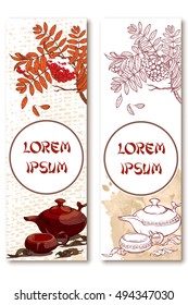 Ceramic teapot cup tea leaves rowanberry branch with snow on grunge spot and burlap bacgrounds. Set of 2 seasonal vertical banners. Tea ceremony flyer. EPS10 vector illustration.