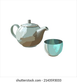 ceramic teapot with cup, tea tradition. tea ceremony. teapot vector illustration isolated on white background 